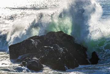 Poster - Spectacular wave crash seen from beach in Porto city, Portugal