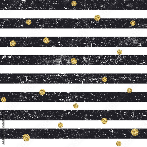 Cotton fabric Black textured lines and chaotic golden dots seamless pattern. Vintage retro pattern. Abstract vector background