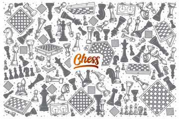 Wall Mural - Hand drawn Chess doodle set background with orange lettering in vector