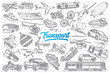 Hand drawn Transport doodle set background with blue lettering in vector