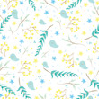 Seamless pattern with cute little birds, branches, flowers, leaves for your design. Pastel blue and green color