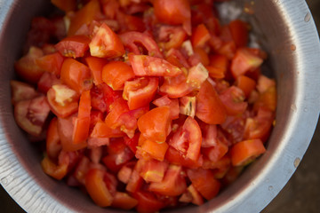 Cut tomatoes in a Malawian Village, Africa