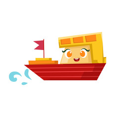 Wall Mural - Red And Orange Cargo Ship, Cute Girly Toy Wooden Boat With Face Cartoon Illustration