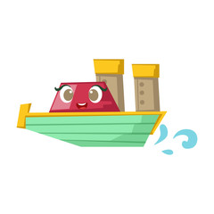 Wall Mural - Green And Red Cruise Liner Boat, Cute Girly Toy Wooden Ship With Face Cartoon Illustration