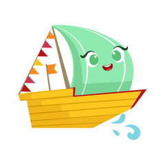 Wall Mural - Regatta Sailing Boat, Cute Girly Toy Wooden Ship With Face Cartoon