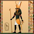Religion of Ancient Egypt. Horus is the god of heaven, of royalty, the patron of the pharaohs. Ancient Egyptian god Horus in the guise of a man with a falcon head. Vector illustration.

