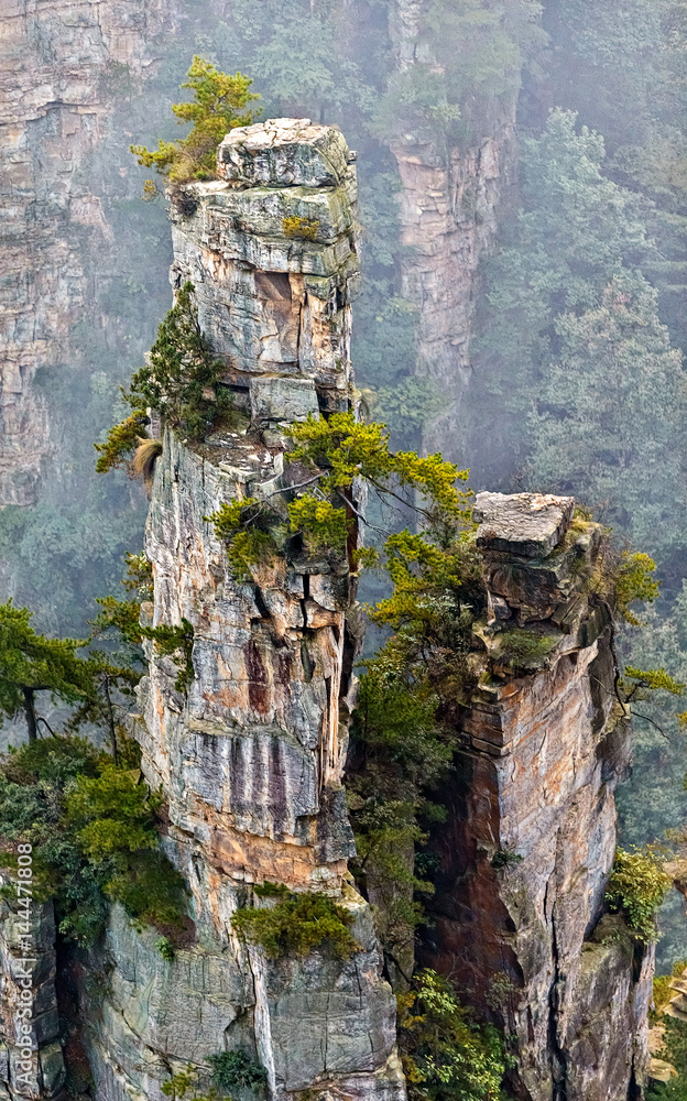 Single stone column mountain (Avatar rocks) in the mist. Zhangjiajie ...