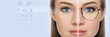 female face, cut in half to present before and after laser vision correction. Woman face with glasses and without glasses, on background virtual holographic eye chart. vision correction technology
