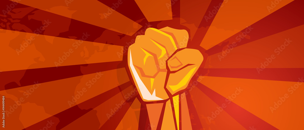 hand fist revolution symbol of resistance fight aggressive retro communism propaganda poster style in red with world map background - obrazy, fototapety, plakaty 