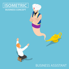 Poster - Isometric businessman and genie giant in the magic lamp