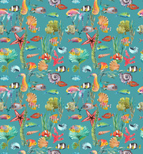 Watercolor Sea Life, Seaweed, Shell, Fish, Sea Horse, Beautiful Seamless Pattern
