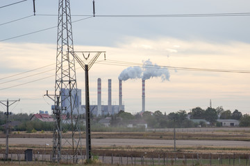 Industrial landscape - view of the electric poles.