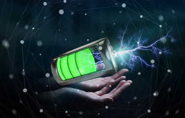Poster - Man holding 3D render battery with lightning in his hand