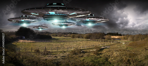 Plakat Inwazja UFO na planecie Ziemi landascape renderingu 3D