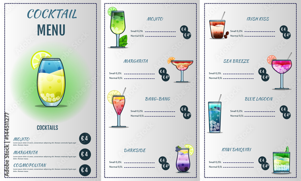 Cocktail Format Cocktail menu design template.Cocktail list cover illustration. Vector ...