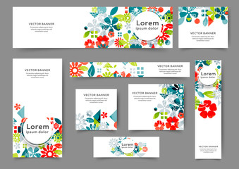 Set of abstract web banner templates with floral background. Different sizes