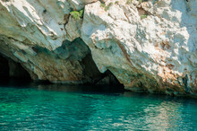 Greece, Zakynthos, August 2016. Head, Face Of Poseidon In The Rock