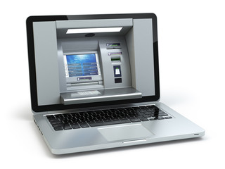 Wall Mural - Online banking and payment concept. Laptop as ATM  machine isolated on white background.