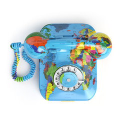 Wall Mural - Global communication concept. Telephone with erth texture isolated on white