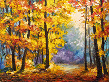 Oil Painting Landscape - Autumn Forest Near The River, Orange Leaves