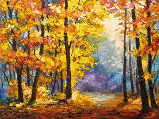 Oil painting landscape - autumn forest near the river, orange leaves