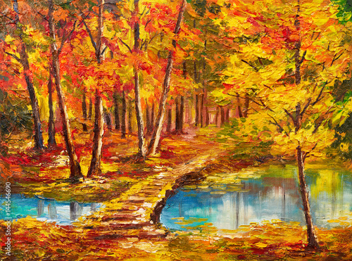 Naklejka - mata magnetyczna na lodówkę Oil painting landscape - autumn forest near the river, orange leaves