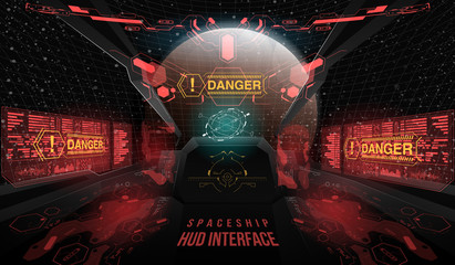 View from the cockpit spaceship. Head-up display elements for the Spaceship interface. Template UI for app and virtual reality.