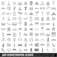 Wall Mural - 100 honeymoon icons set, outline style