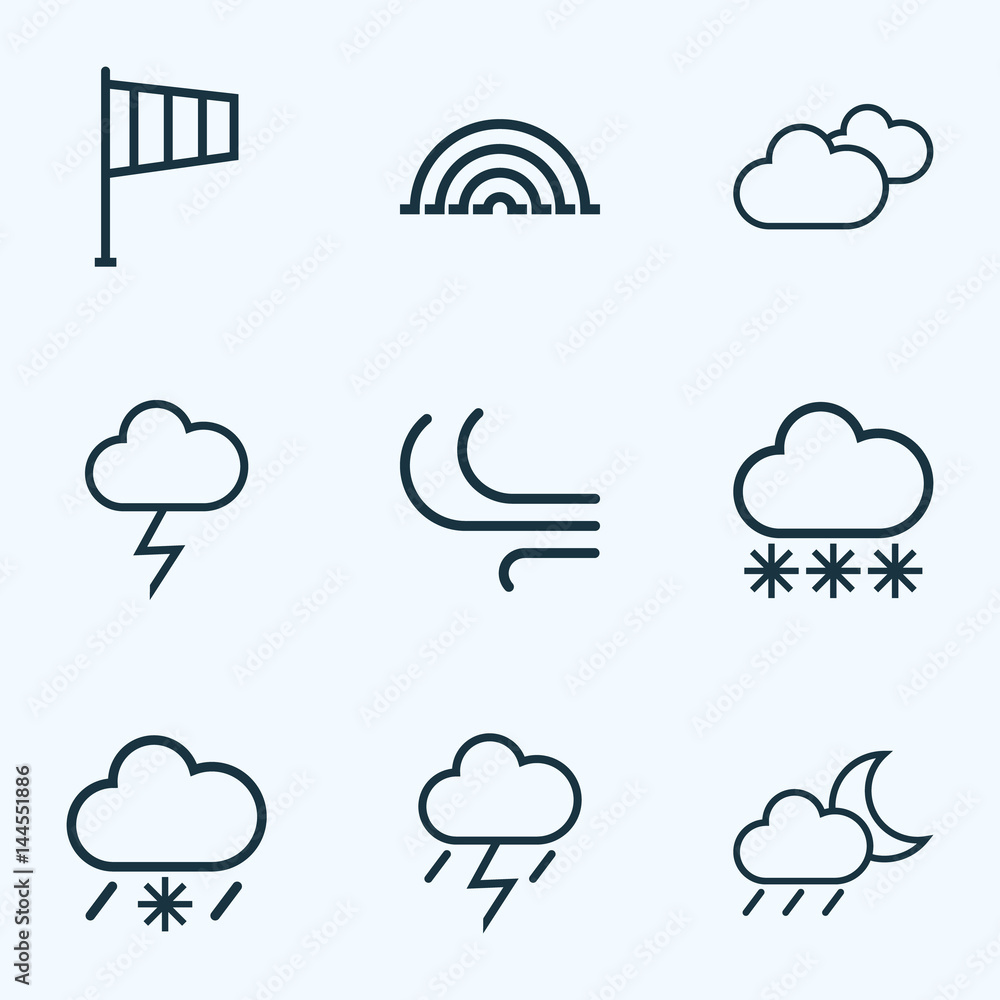 Climate Outlines Set. Collection Of Snowy Raining, Overcast, Breeze And Other Elements. Also Includes Symbols Such As Snowfall, Rainfall, Variegation. - obrazy, fototapety, plakaty 