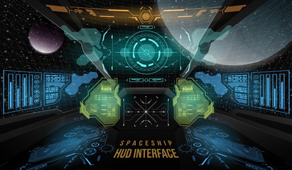 View from the cockpit spaceship. Head-up display elements for the Spaceship interface. Template UI for app and virtual reality.