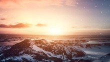 Antarctic Nature. Stony Island In Ocean. Beautiful Colorful Sunset Cloudy Sky. Snow Falling. Majestic Winter Landscape. Beauty World, Holidays, Sports And Recreation. Travel Background. Slow Motion 4K