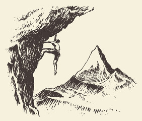 Alpinist mountain peak drawn vector sketch