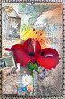 Old fashioned postcard with hibiscus flower,collage and vintage stamps