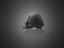 Veterans Helmet, Camouflage, Medallion On Gray Background.black And White Picture