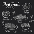 Thai food chalk draw on black board of Padthai,Pad Krapow,Green Curry,Somtum,Papaya salad,Tomyumkung in EPS 10 vector format.