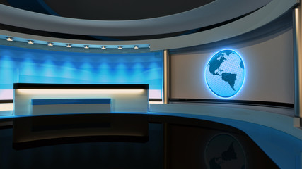 Tv Studio. News studio. Blue studio. The perfect backdrop for any green screen or chroma key video or photo production. 3D rendering