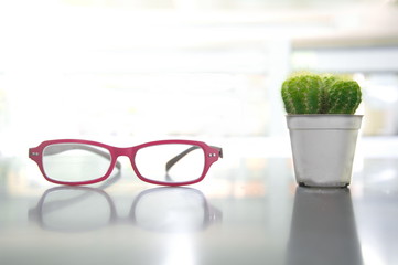 red eye glasses with green cactus in gray pot on office table