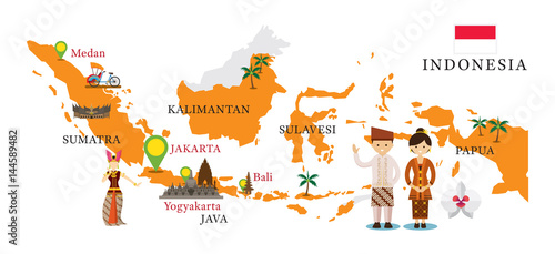 Fotografía Indonesia Map and Landmarks with People in Traditional Clothing, Culture, Travel