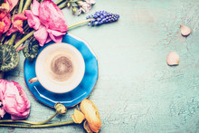 Cup Of Coffee And Summer  Flowers From Garden On Blue Vintage Shabby Chic Background, Top View, Copy Space
