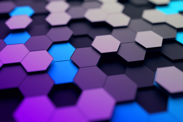 Abstract 3d rendering of futuristic surface with hexagons. Contemporary sci-fi background with bokeh effect. Poster design.