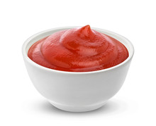 Ketchup In Bowl Isolated On White Background. Portion Of Tomato Sauce. With Clipping Path. One Of The Collection Of Various Sauces