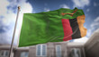 Zambia Flag 3D Rendering on Blue Sky Building Background