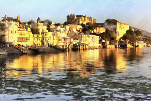 Fotografie, Obraz Colorful painting oa old city with water on foreground