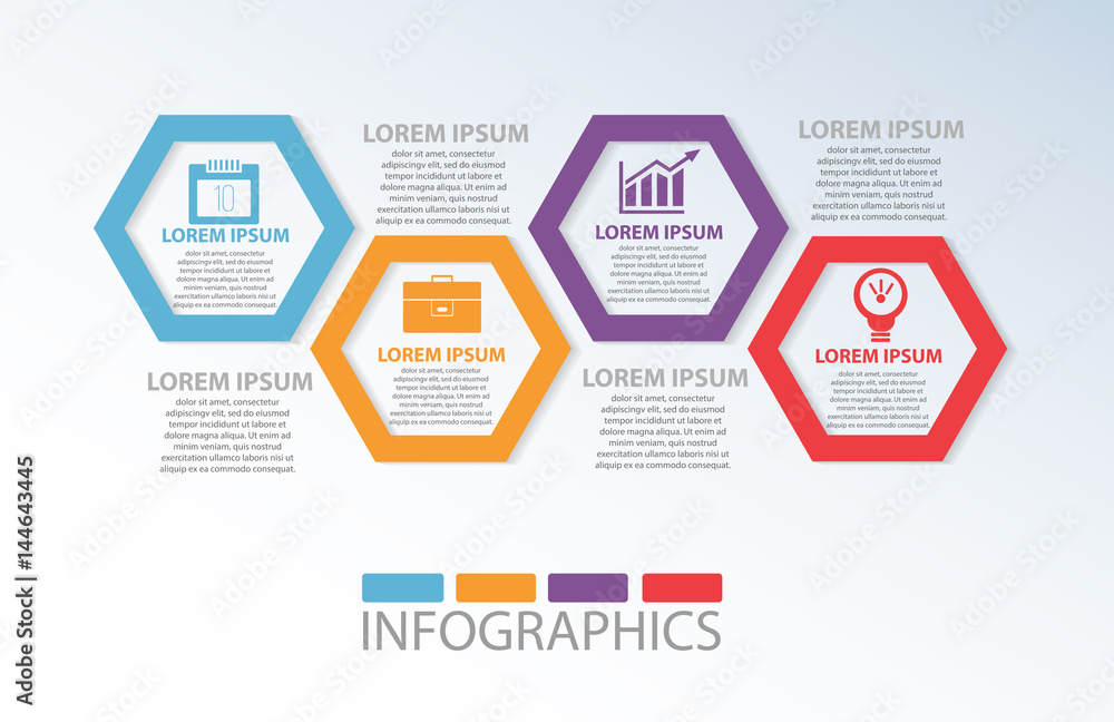 Vector illustration. Template with 4 colored geometric shapes hexagons ...