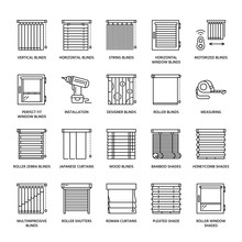 Window Blinds, Shades Line Icons. Various Room Darkening Decoration, Roller Shutters, Roman Curtains, Horizontal And Vertical Jalousie. Interior Design Thin Linear Signs For House Decor Shop.