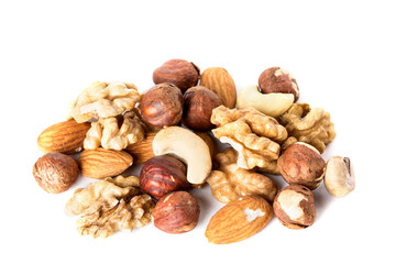 Heap from various kinds of nuts almond, walnut, hazelnut, cashew, Brazil nut isolated on white