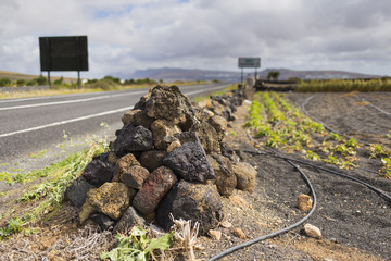 Dark volcanic rocks pile on the edge off a field