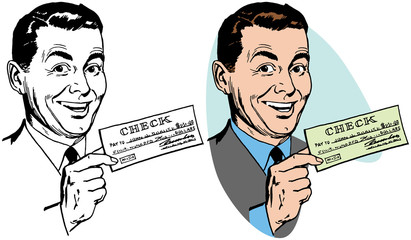 A smiling man holding his paycheck