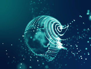 abstract blue 3d illuminated distorted mesh sphere . neon sign . futuristic technology hud element .