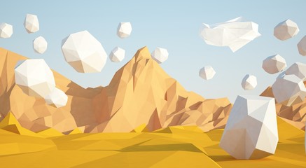 Abstract low poly background with sand desert and white stones flying in the air . Early morning sunny illustration with blue sky .